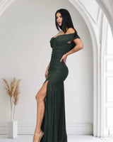 Gilded Radiance Off-Shoulder Maxi Dress – Forest side view highlighting floor-length hemline