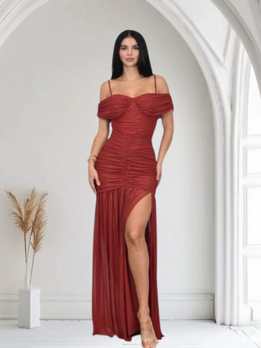 Women's Red maxi dress off-shoulder style back view