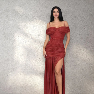 Gilded Radiance Off-Shoulder Maxi Dress – Red close up detail of off-shoulder design and fabric