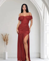 Gilded Radiance Off-Shoulder Maxi Dress – Red front view showing full-length maxi silhouette