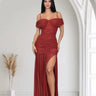Gilded Radiance Off-Shoulder Maxi Dress – Red front view showing full-length maxi silhouette