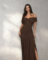 Gilded Radiance Off Shoulder Maxi Dress with Ruched Bodice (Chocolate) close up detail of off shoulder design and fabric