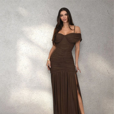 Gilded Radiance Off Shoulder Maxi Dress with Ruched Bodice (Chocolate) close up detail of off shoulder design and fabric