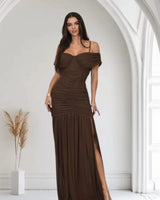 Gilded Radiance Off Shoulder Maxi Dress with Ruched Bodice (Chocolate) front view showing full-length maxi silhouette