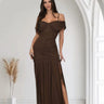 Gilded Radiance Off Shoulder Maxi Dress with Ruched Bodice (Chocolate) front view showing full-length maxi silhouette