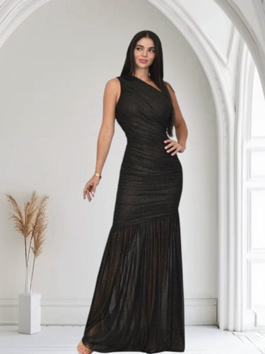 Gilded Radiance One - Shoulder Maxi Dress - Black - Palazzo Couture Online