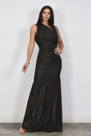 Gilded Radiance One - Shoulder Maxi Dress - Black - Palazzo Couture Online