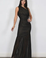Gilded Radiance One-Shoulder Maxi Dress - Black close up detail of one-shoulder design and fabric