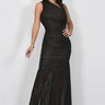 Gilded Radiance One-Shoulder Maxi Dress - Black close up detail of one-shoulder design and fabric