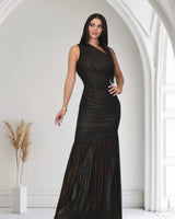 Gilded Radiance One-Shoulder Maxi Dress - Black front view showing full-length maxi silhouette