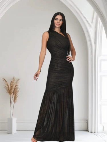 Gilded Radiance One-Shoulder Maxi Dress - Black front view showing full-length maxi silhouette