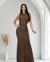 Gilded Radiance One - Shoulder Maxi Dress - Chocolate - Palazzo Couture Online