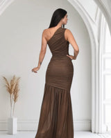 Gilded Radiance One - Shoulder Maxi Dress - Chocolate - Palazzo Couture Online
