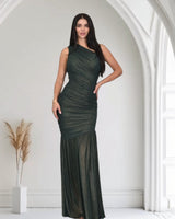 Gilded Radiance One - Shoulder Maxi Dress - Forest - Palazzo Couture Online