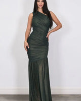 Gilded Radiance One-Shoulder Maxi Dress - Forest close up detail of one-shoulder design and fabric