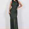 Gilded Radiance One-Shoulder Maxi Dress - Forest close up detail of one-shoulder design and fabric