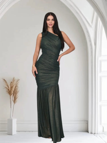 Gilded Radiance One-Shoulder Maxi Dress - Forest front view showing full-length maxi silhouette