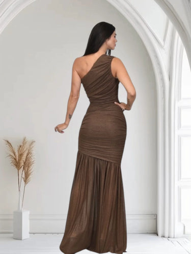 Women's Chocolate maxi dress one shoulder style back view