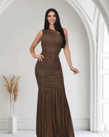 Gilded Radiance One Shoulder Maxi Dress in Chocolate front view showing full-length maxi silhouette