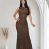 Gilded Radiance One Shoulder Maxi Dress in Chocolate front view showing full-length maxi silhouette