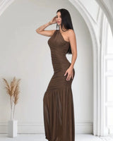 Gilded Radiance One Shoulder Maxi Dress in Chocolate side view highlighting floor-length hemline