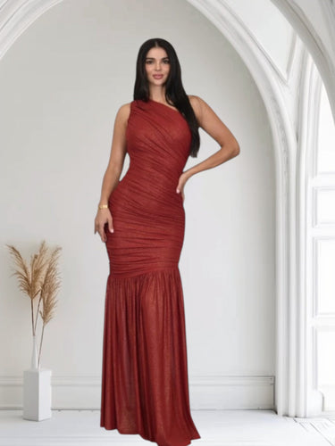 Gilded Radiance One - Shoulder Maxi Dress - Red - Palazzo Couture Online