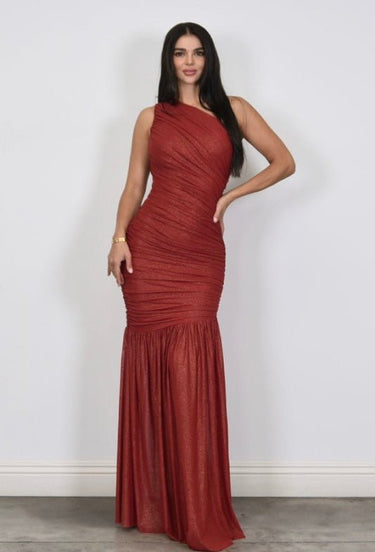 Gilded Radiance One - Shoulder Maxi Dress - Red - Palazzo Couture Online