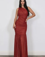 Women's Red maxi dress one-shoulder style back view