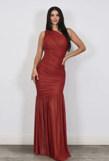 Women's Red maxi dress one-shoulder style back view