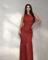 Gilded Radiance One-Shoulder Maxi Dress - Red close up detail of one-shoulder design and fabric