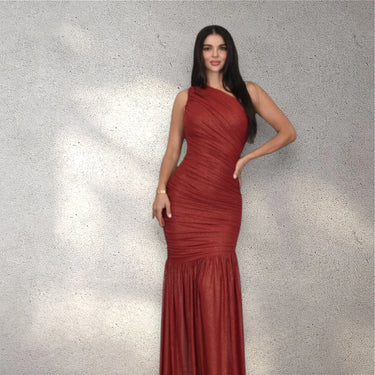 Gilded Radiance One-Shoulder Maxi Dress - Red close up detail of one-shoulder design and fabric