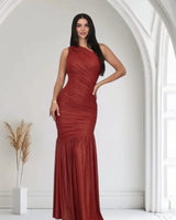 Gilded Radiance One-Shoulder Maxi Dress - Red front view showing full-length maxi silhouette