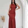 Gilded Radiance One-Shoulder Maxi Dress - Red front view showing full-length maxi silhouette