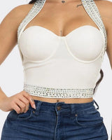 Gina Rhinestone Halter Neck Crop Top (White) - stylish going out top