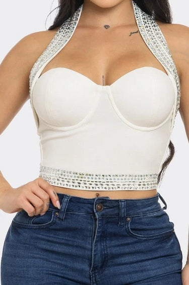 Gina Rhinestone Halter Neck Crop Top (White) - stylish going out top