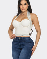 Gina Rhinestone Halter Neck Crop Top (White) - women's sleeveless top