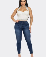 Gina Rhinestone Halter Neck Crop Top (White) - trendy women's top