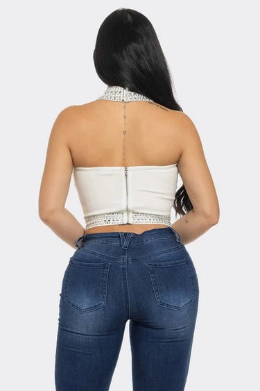 Gina Rhinestone Halter Neck Crop Top (White) - chic top by Palazzo Couture