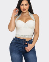Rhinestone crop top white halter neckline – sparkly party top