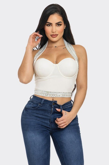 Rhinestone crop top white halter neckline – sparkly party top