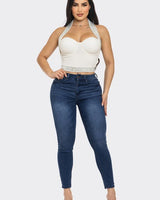 Halter crop top white with sequin‑style rhinestone finish