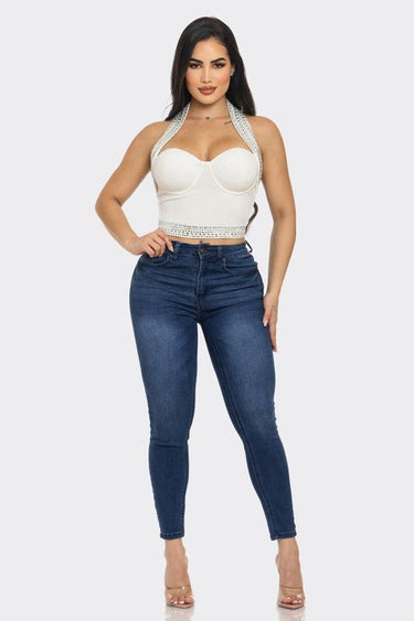 Halter crop top white with sequin‑style rhinestone finish