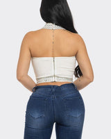 Party crop top white rhinestones and halter strap – bold accessory