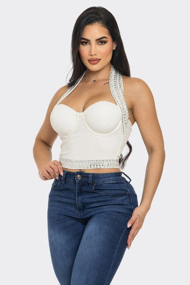 White halter neck crop top with rhinestone embellishments