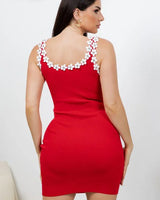Elegant Red sleeveless mini dress on model styled for going out