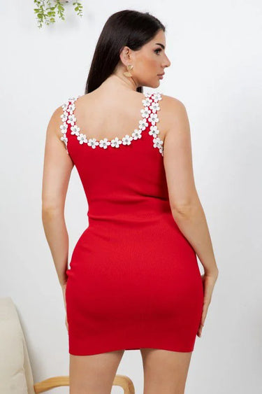 Elegant Red sleeveless mini dress on model styled for going out