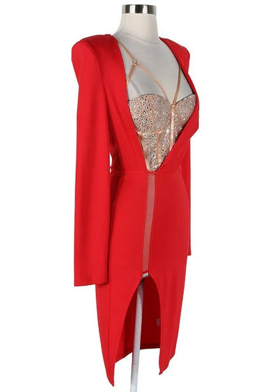 Girl of My Dreams Red Mini Dress with Embellished Bodice full body look paired with heels and accessories
