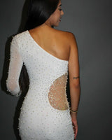 Women's One Shoulder White Party mini dress one shoulder style back view