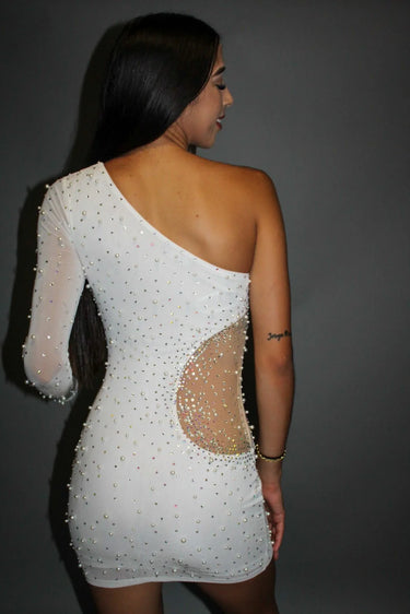 Women's One Shoulder White Party mini dress one shoulder style back view