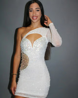 Girls Night Out White Dress – One Shoulder White Party Dress front view showing mini dress silhouette